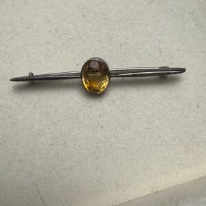 Antique Silver Bar Pin with Citrine Oval Gem